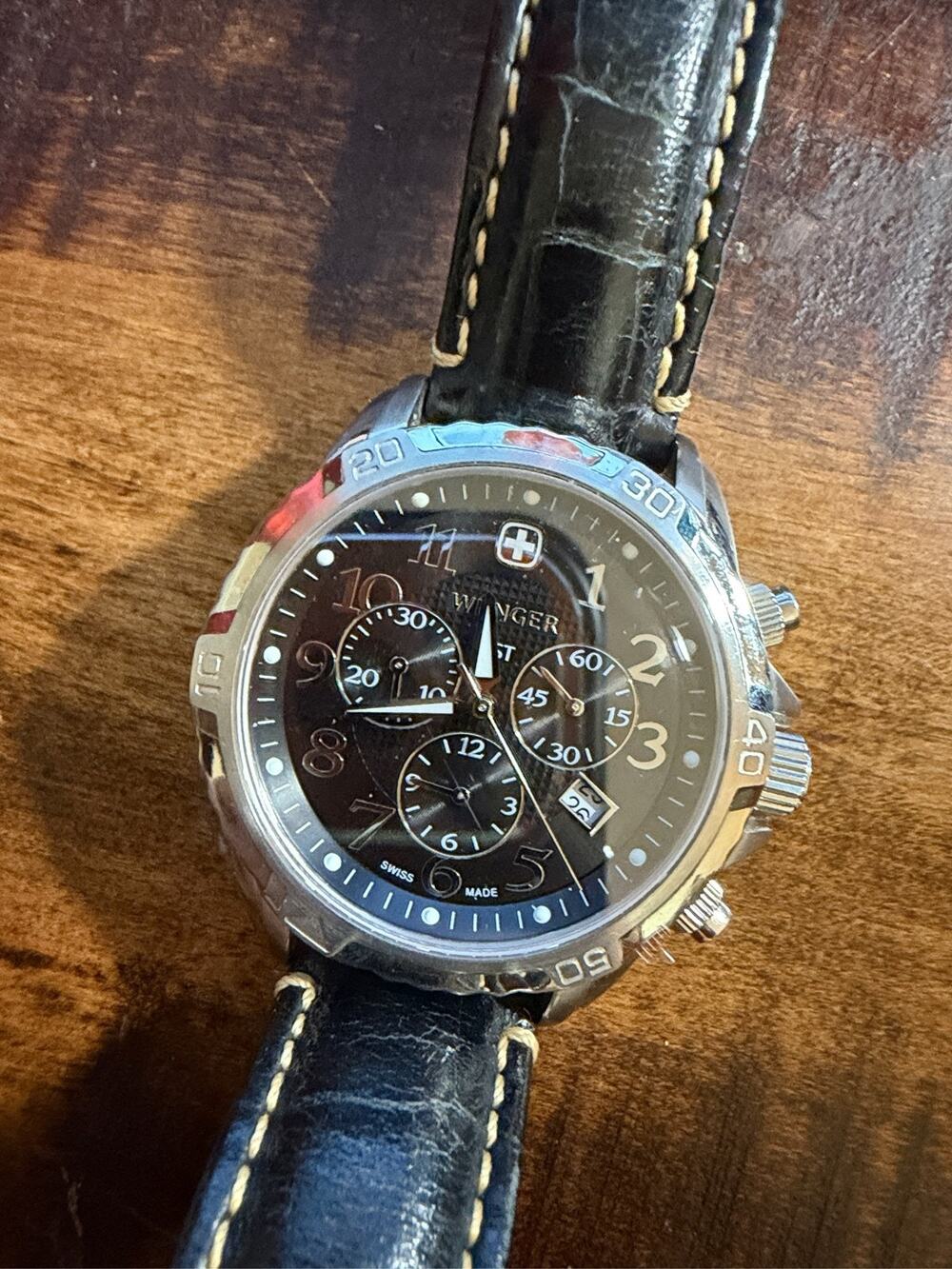Wenger Swiss Military Chronograph Watch Black Dial Leather Strap